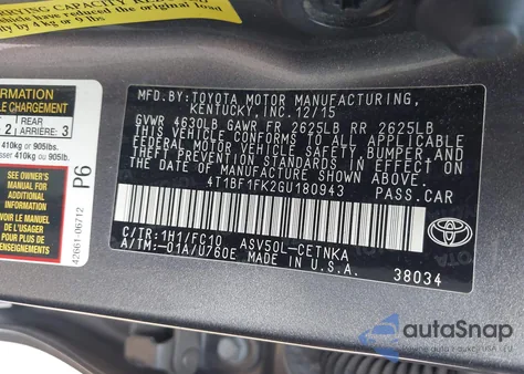 2016 Toyota Camry Le from USA, damaged, VIN 4T1BF1FK2GU180943